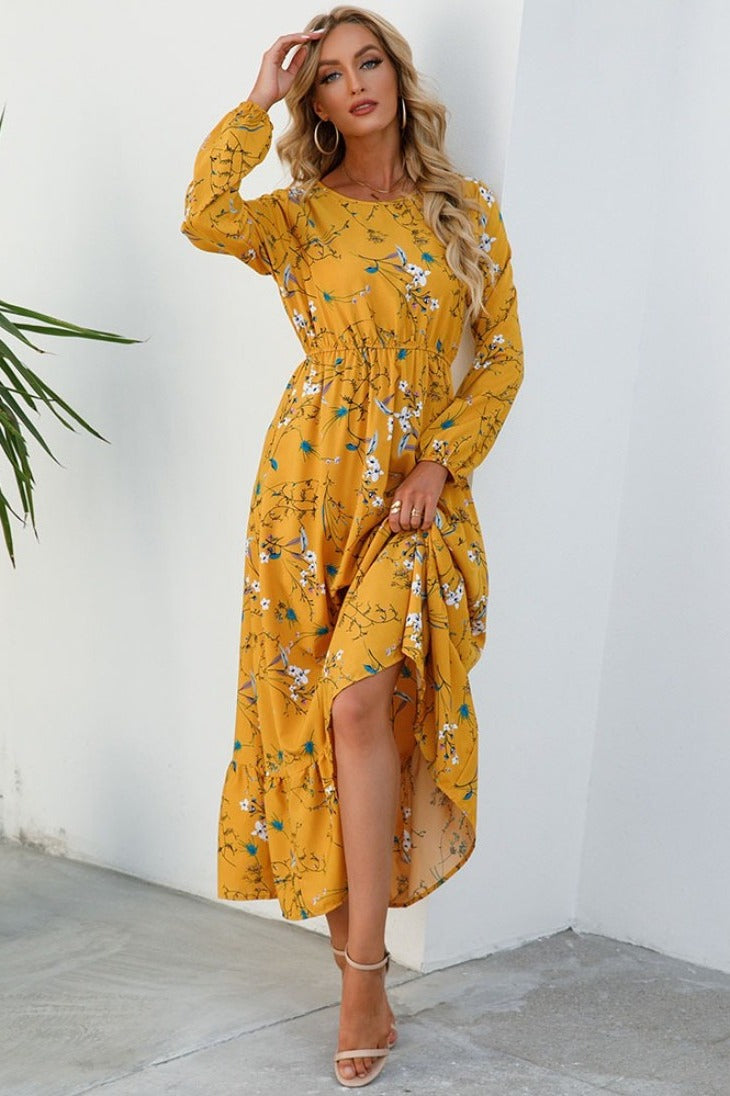 Robe brodée jaune moutarde femme, longue bohème chic, manches bouffantes