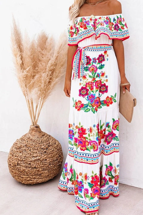Robe Bohème Blanche Avec Fleurs Colorés - Ida
