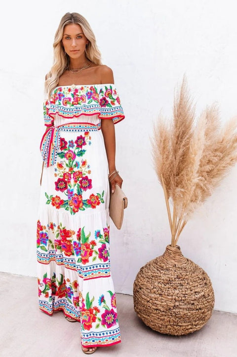 Robe Bohème Blanche Avec Fleurs Colorés - Ida