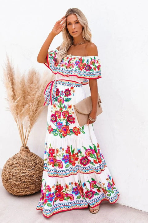 Robe Bohème Blanche Avec Fleurs Colorés - Ida