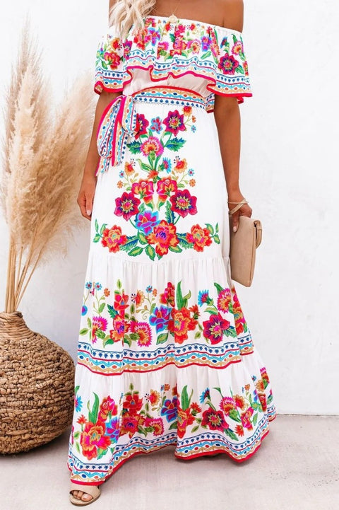 Robe Bohème Blanche Avec Fleurs Colorés - Ida