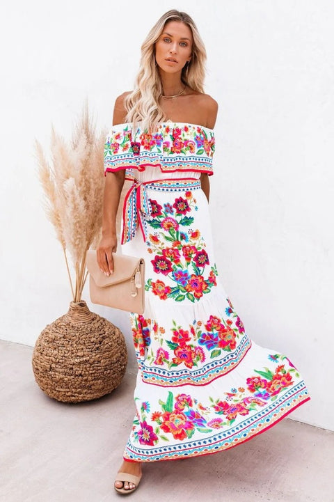 Robe Bohème Blanche Avec Fleurs Colorés - Ida