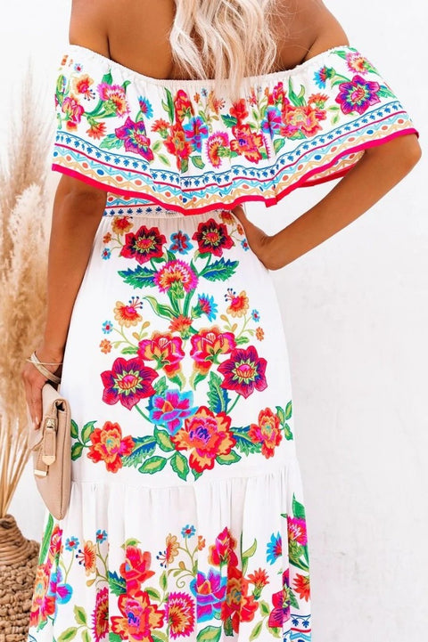 Robe Bohème Blanche Avec Fleurs Colorés - Ida