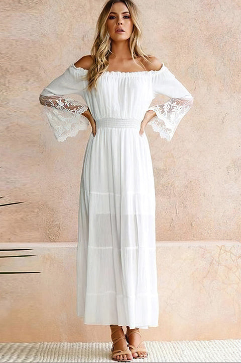 Robe Bohème Blanche De Cérémonie Col Bardot - Séréna