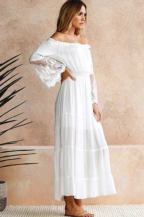 Robe Bohème Blanche De Cérémonie Col Bardot - Séréna