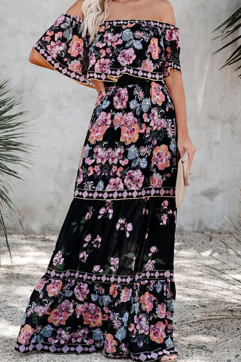 Robe Bohème Noire Fleurie Col Bardot - Inès