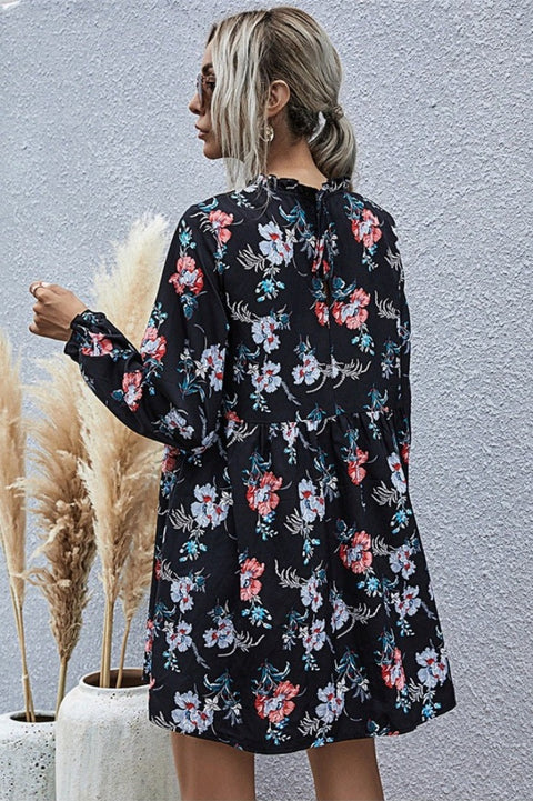 Robe Bohème Noire Florale Courte Ample - Olivia