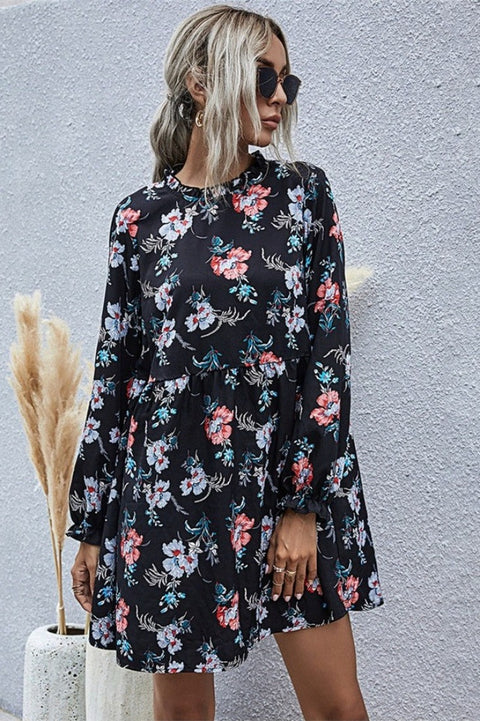 Robe Bohème Noire Florale Courte Ample - Olivia