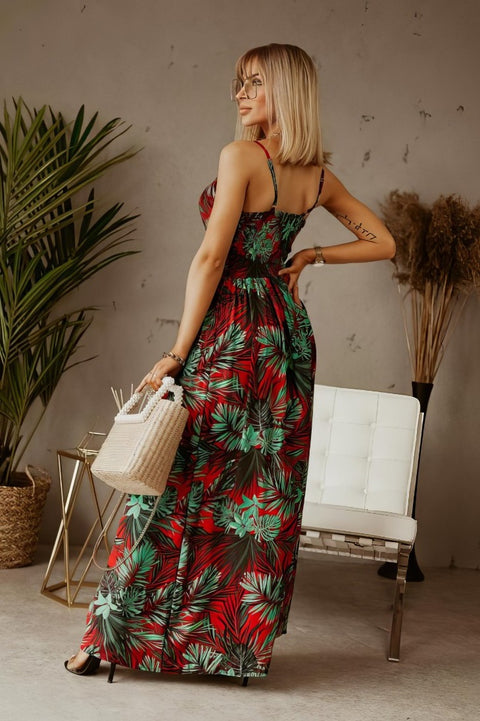 Robe Bohème Tropicale Rouge Et Vert - Sandra