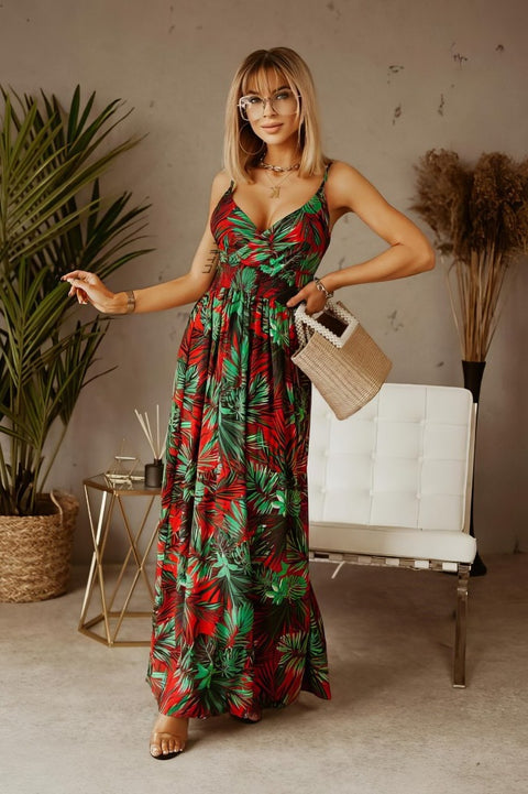 Robe Bohème Tropicale Rouge Et Vert - Sandra